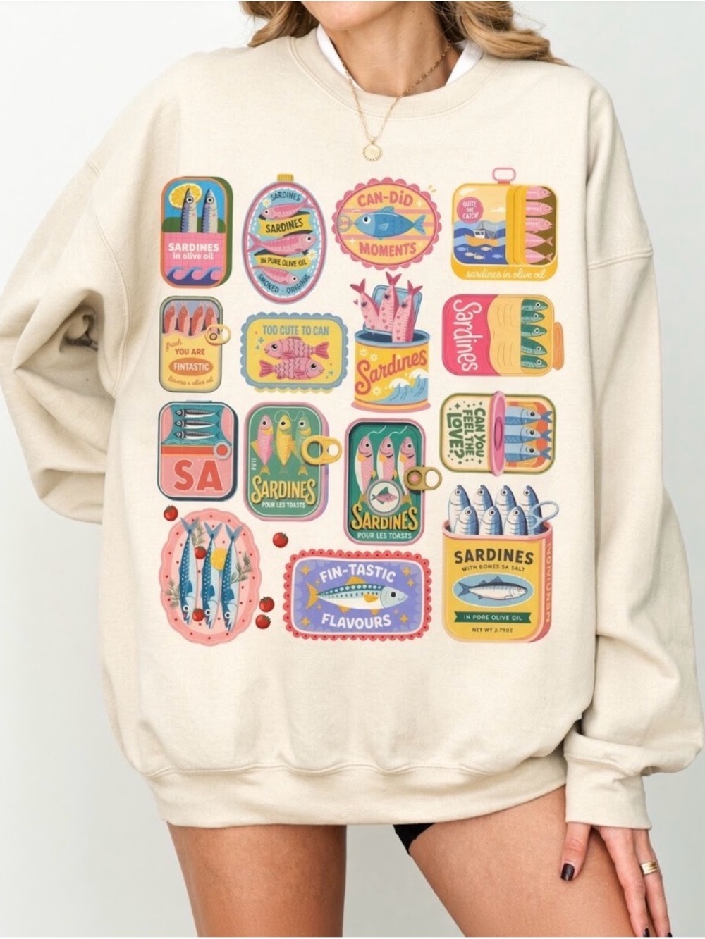 Sardines Vintage Can Sweater, Tinned Fish Coastal Food Graphic Sweatshirt